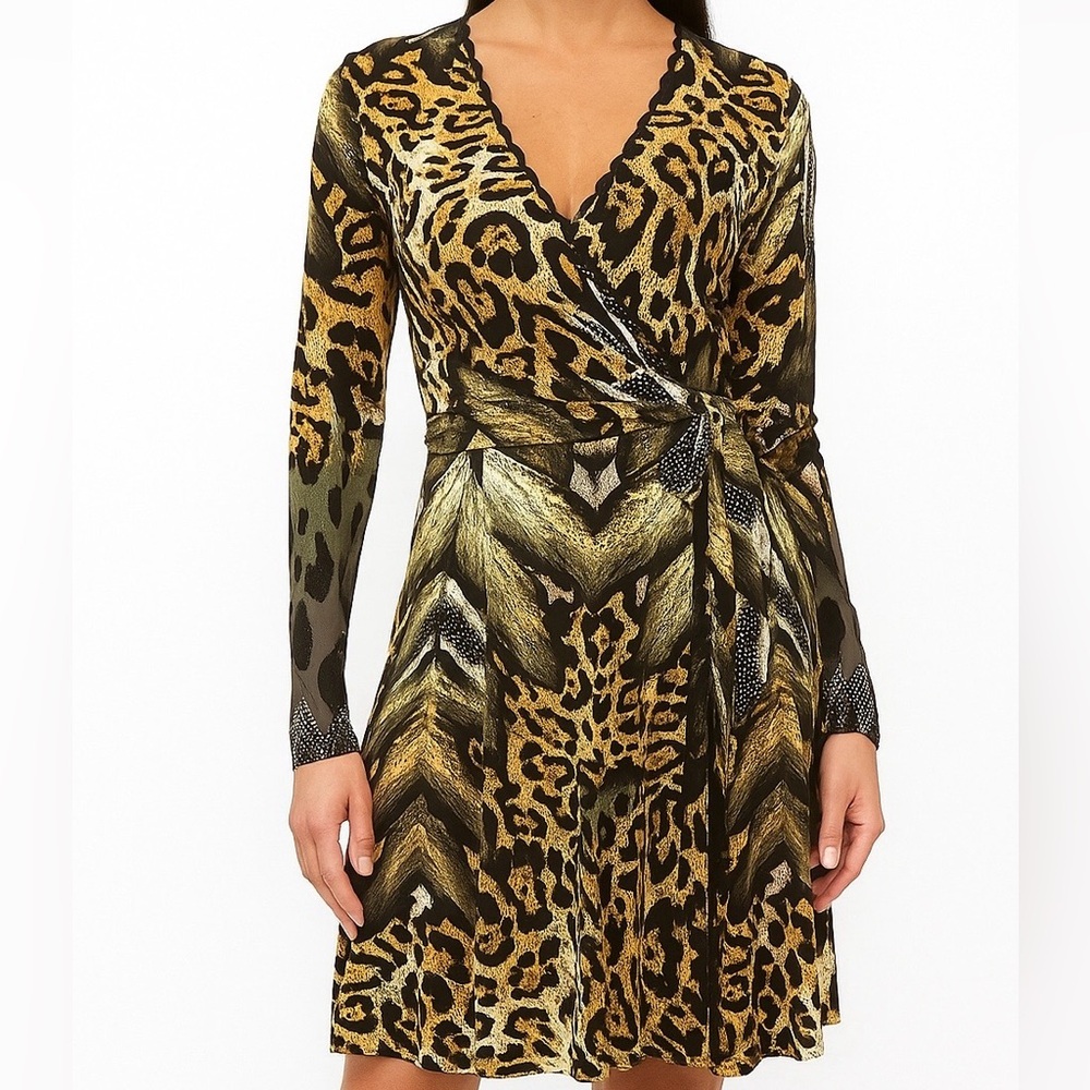 Hale Bob Animal Print Long Sleeve Faux Wrap Dress Women’s Medium - Picture 2 of 12